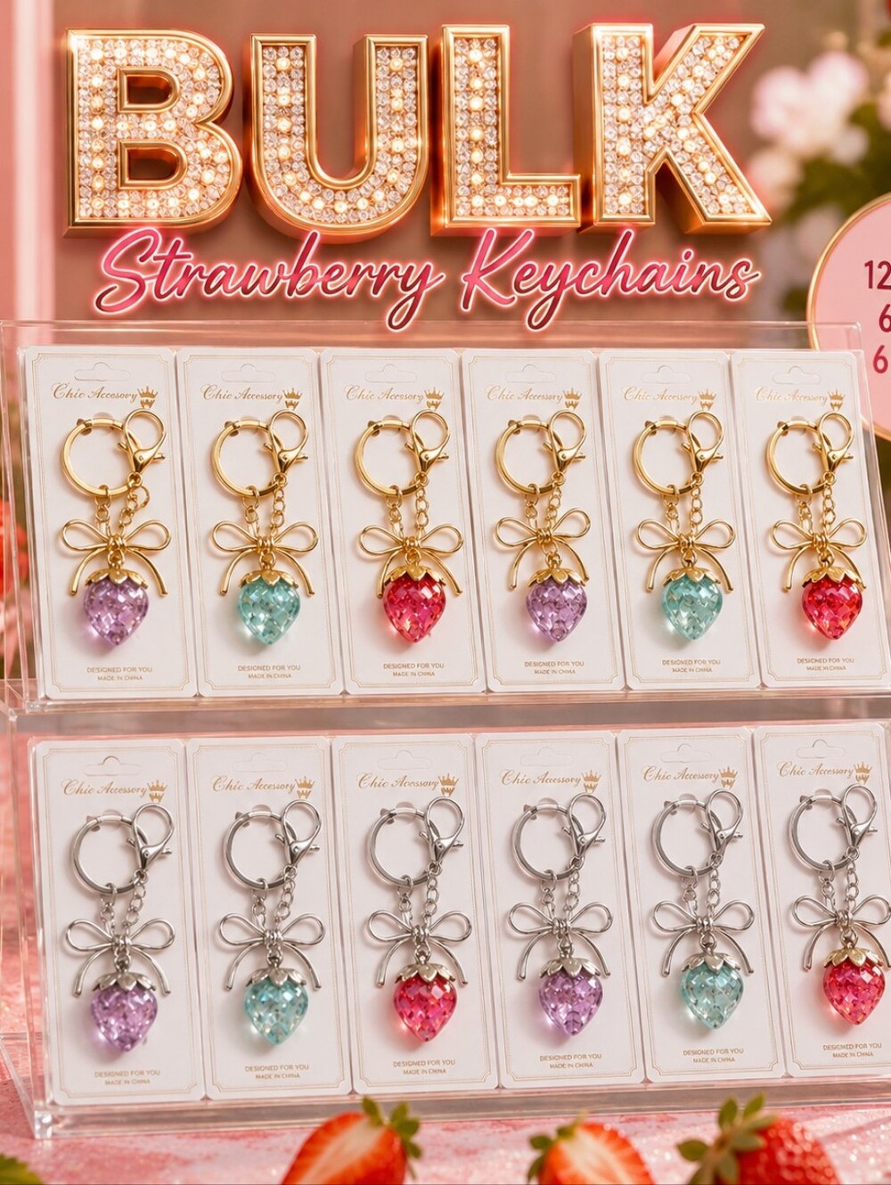 BULK Gold Tone Strawberry Keychains